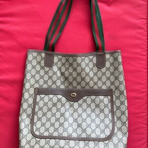 Gucci Beige/Brown Monogram Tote with Green/Red Striped Straps
